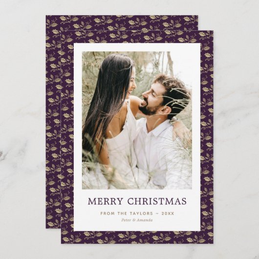 パープルエレガント金ゴールドホリーフォトメリークリスマス シーズンカード (正面/裏面)