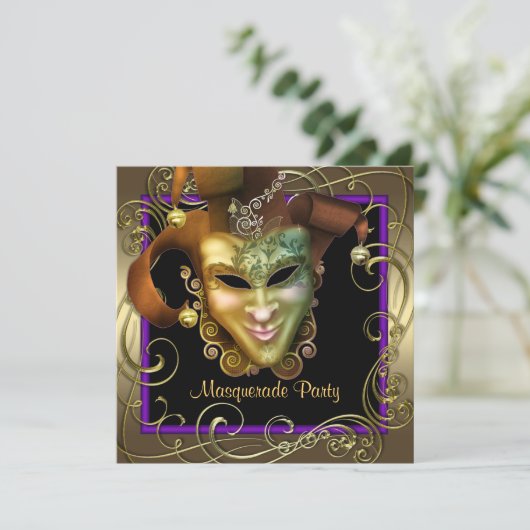 パープルエレガント金ゴールドマスカレードパーティの招待状 招待状 (スタンド正面)