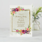パープルエレガント金ゴールドヴィンテージフローラ誕生日 招待状 (スタンド正面)