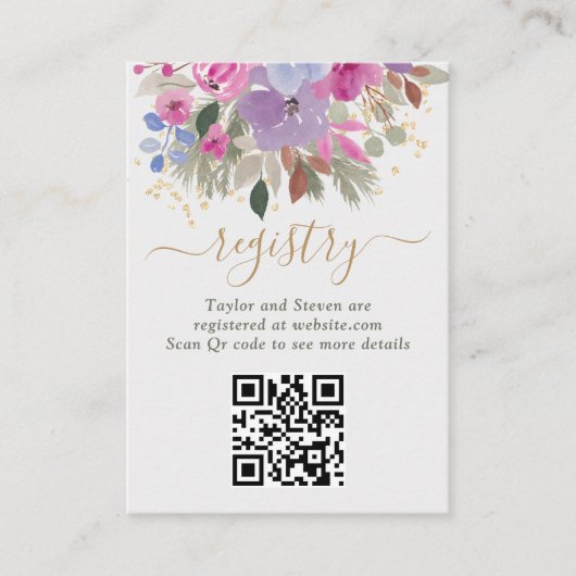 パープルエレガント金ゴールド冬フローラブライダルレジストリ エンクロージャーカード (正面)