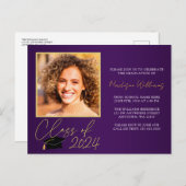 パープルエレガント金ゴールド卒業パーティー招待状 ポストカード (正面/裏面)