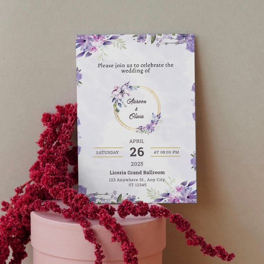 パープルエレガント金ゴールド結婚式 招待状