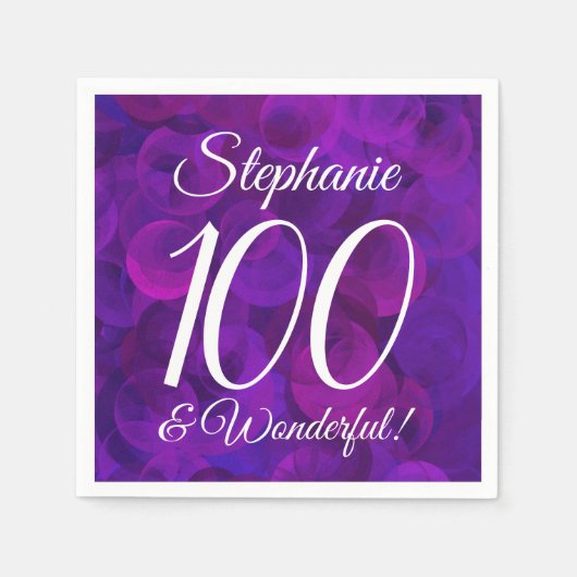 パープルエレガント100と素晴らしい誕生日パーティー スタンダードカクテルナプキン (正面)