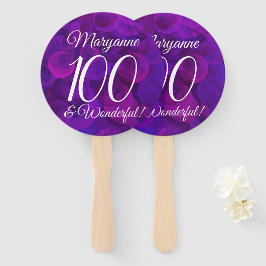 パープルエレガント100と素晴らしい誕生日パーティー ハンドファン (正面&裏面)