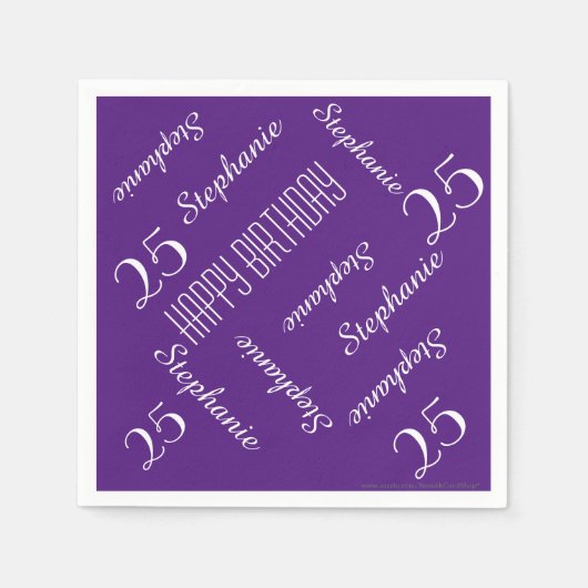 パープルエレガント25th誕生日パーティーネーム紙 スタンダードカクテルナプキン (正面)