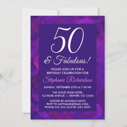 パープルエレガント50と素晴らしい誕生日パーティー 招待状 (正面)