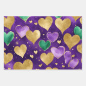 パープルエレガント、グリーン、金ゴールドハートマルディグラ ラッピングペーパーシート (正面2)