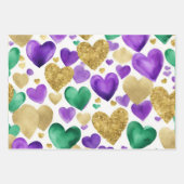 パープルエレガント、グリーン、金ゴールドハートマルディグラ ラッピングペーパーシート (正面3)