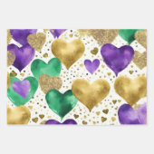 パープルエレガント、グリーン、金ゴールドハートマルディグラ ラッピングペーパーシート (正面2)