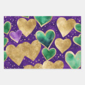 パープルエレガント、グリーン、金ゴールドハートマルディグラ ラッピングペーパーシート (正面)