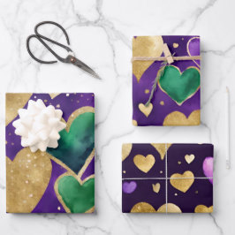 パープルエレガント、グリーン、金ゴールドハートマルディグラ ラッピングペーパーシート