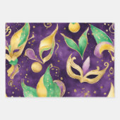 パープルエレガント、グリーン、金ゴールドマスクマルディグラ ラッピングペーパーシート (正面3)