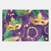 パープルエレガント、グリーン、金ゴールドマスクマルディグラ ラッピングペーパーシート (正面)