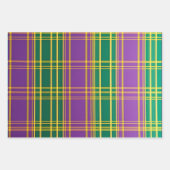 パープルエレガント、グリーン、金ゴールドマルディグラスプレイド ラッピングペーパーシート (正面2)