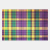 パープルエレガント、グリーン、金ゴールドマルディグラスプレイド ラッピングペーパーシート (正面)