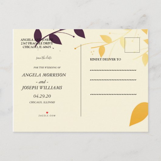 パープルエレガント・ゴ葉ンドの発表日を保存 案内ポストカード (裏面)