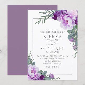 パープルエレガント&シルバーフローラユーカリ結婚ス 招待状