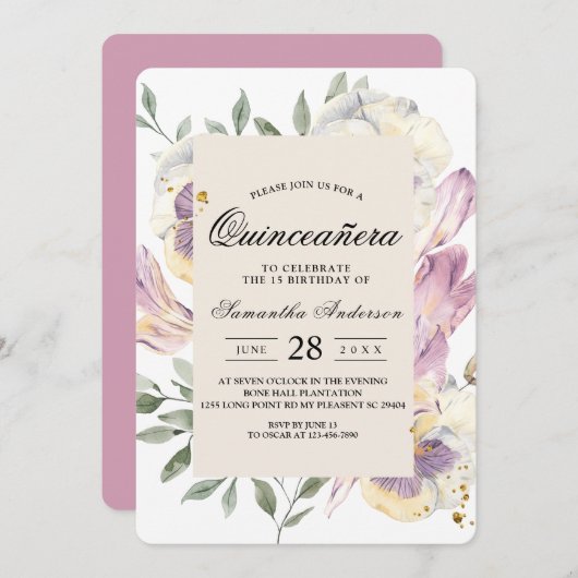 パープルエレガント&パンジー水彩フローラフレーム 招待状 (正面/裏面)