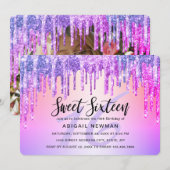 パープルエレガント&ピンクグリッタードリップsweet sixteen 招待状 (正面/裏面)