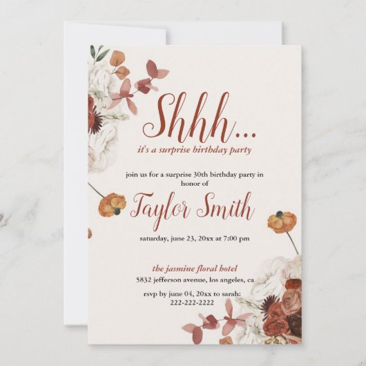 パープルエレガント フラワーサプライズパーティー招待状 招待状 (正面)