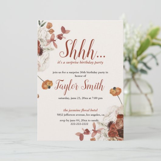 パープルエレガント フラワーサプライズパーティー招待状 招待状 (スタンド正面)