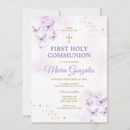 パープルエレガント&金ゴールドクロスファースト聖餐式 招待状 (正面)