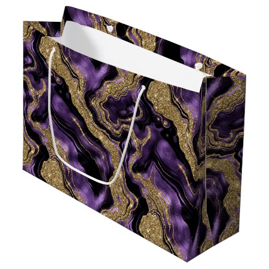 パープルエレガント&金ゴールドグリッターアゲート誕生日 ラージペーパーバッグ (正面アングル)