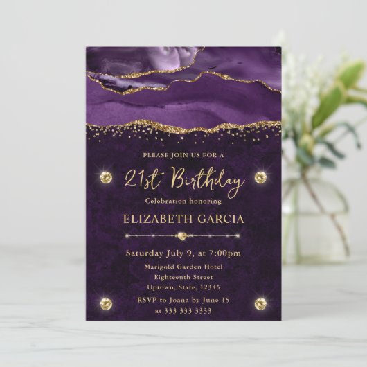 パープルエレガント&金ゴールドグリッターアゲート21歳の誕生日 招待状 (スタンド正面)