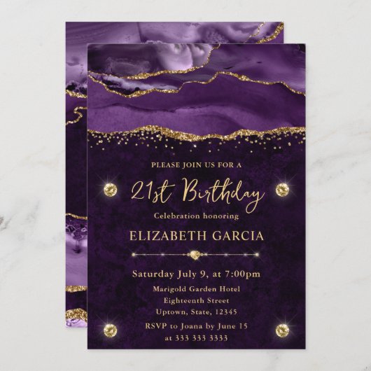 パープルエレガント&金ゴールドグリッターアゲート21歳の誕生日 招待状 (正面/裏面)