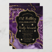 パープルエレガント&金ゴールドグリッターアゲート21歳の誕生日 招待状 (正面/裏面)