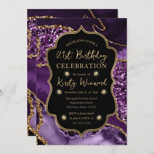 パープルエレガント&金ゴールドグリッターアゲート21歳の誕生日 招待状 (正面/裏面)