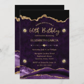 パープルエレガント&金ゴールドグリッターアゲート60誕生日 招待状 (正面/裏面)