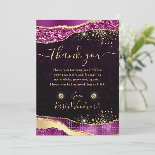 パープルエレガント&金ゴールドグリッターグラムティアーズ誕生日 サンキューカード (スタンド正面)