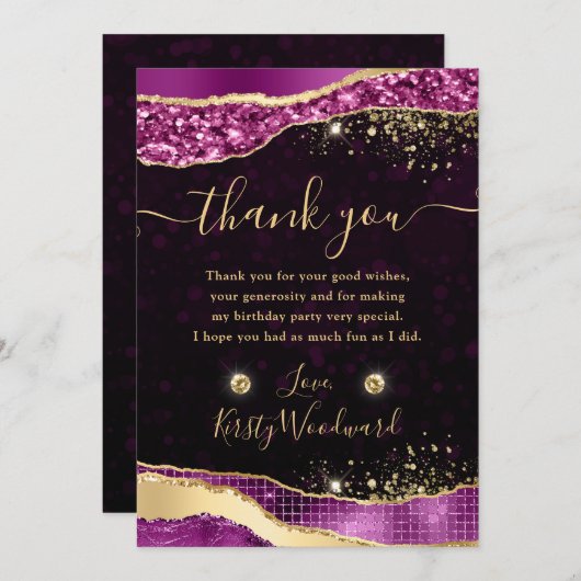 パープルエレガント&金ゴールドグリッターグラムティアーズ誕生日 サンキューカード (正面/裏面)