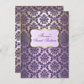 パープルエレガント&金ゴールドダマスク誕生日招待状 招待状 (正面/裏面)