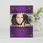 パープルエレガント&金ゴールドフローラSweet sixteen招待状 招待状 (スタンド正面)