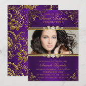 パープルエレガント&金ゴールドフローラSweet sixteen招待状 招待状 (正面/裏面)