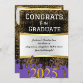 パープルエレガント&金ゴールド卒業パーティー招待状 シーズンカード (正面/裏面)