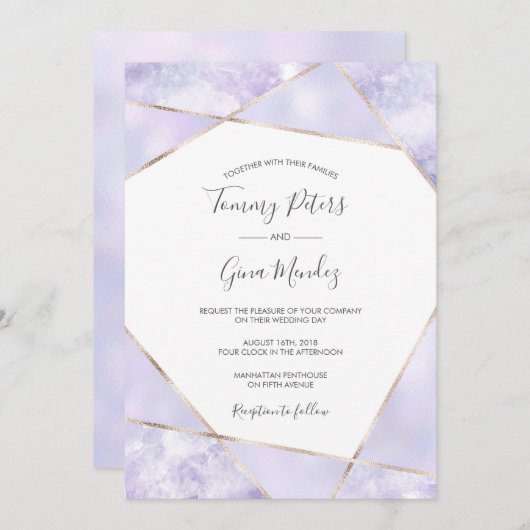 パープルエレガント&金ゴールド幾何学的結婚式招待状 招待状 (正面/裏面)