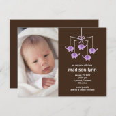 パープルエレファンツベビーガール誕生アヌセメント 招待状 (正面/裏面)