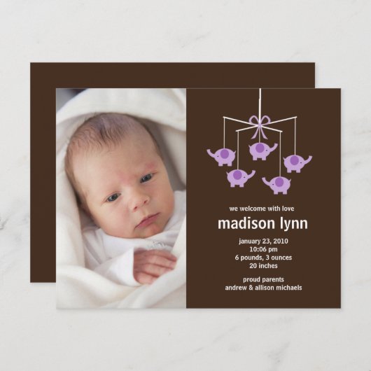 パープルエレファンツベビーガール誕生アヌセメント 招待状 (正面/裏面)