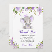 パープルエレファントガール誕生日パーティリトルピーナッツ サンキューカード (正面/裏面)