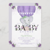 パープルエレファントホットエアバルーンフローラベビーシャワー 招待状 (正面/裏面)