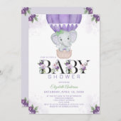 パープルエレファントホットエアバルーンフローラベビーシャワー 招待状 (正面/裏面)