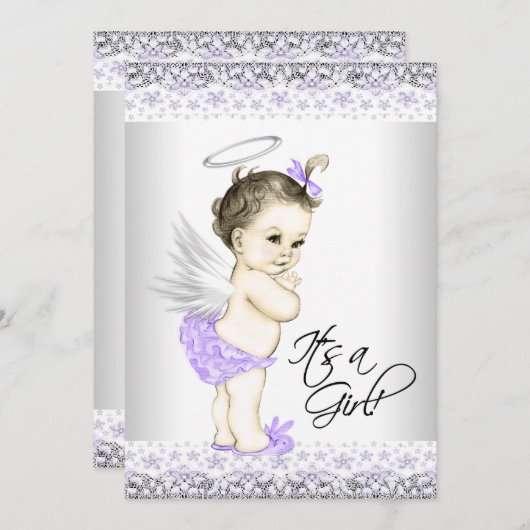 パープルエンジェルベビーシャワー招待状 招待状 (正面/裏面)