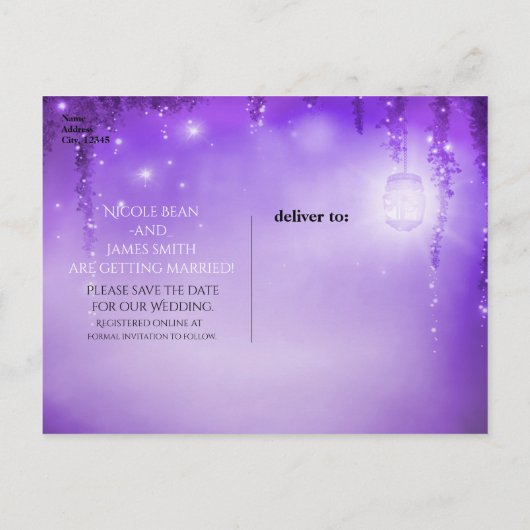 パープルエンchanted ForestウェディングSave the Date 案内ポストカード (裏面)
