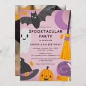 パープルオレンジかわいいフォトハロウィーン子供の誕生日 招待状 (正面/裏面)