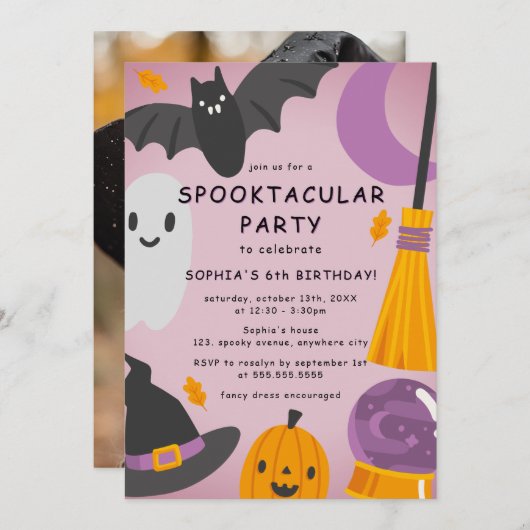 パープルオレンジかわいいフォトハロウィーン子供の誕生日 招待状 (正面/裏面)