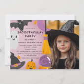 パープルオレンジのかわいいハロウィンキッズ誕生日 招待状 (正面)