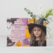 パープルオレンジのかわいいハロウィンキッズ誕生日 招待状 (スタンド正面)